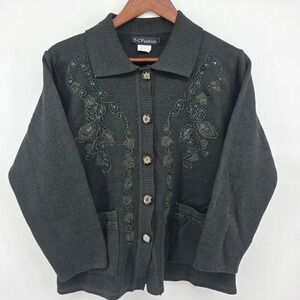 TC Fashion Medium Embellished‎ Cardigan Sweater Dark Green Button Front Pockets